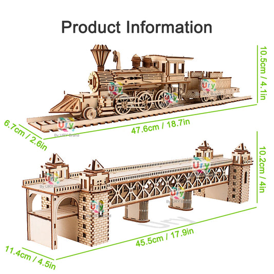 3D Puzzle Retro Steam Train with Track Railway Bridge Handmade Assembly Truck Decoration Gift for Kids