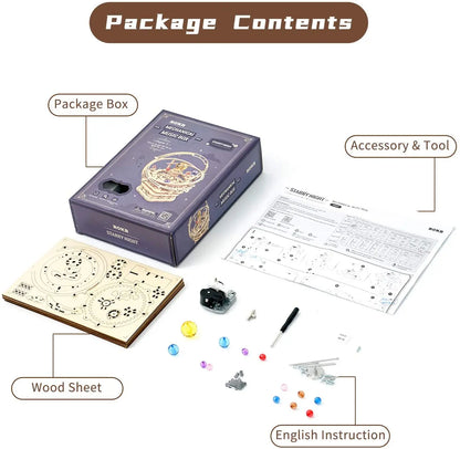 3D Starry Night Wooden Model Building Kit Block Assembly Music Box Toy Gift for Children Adult