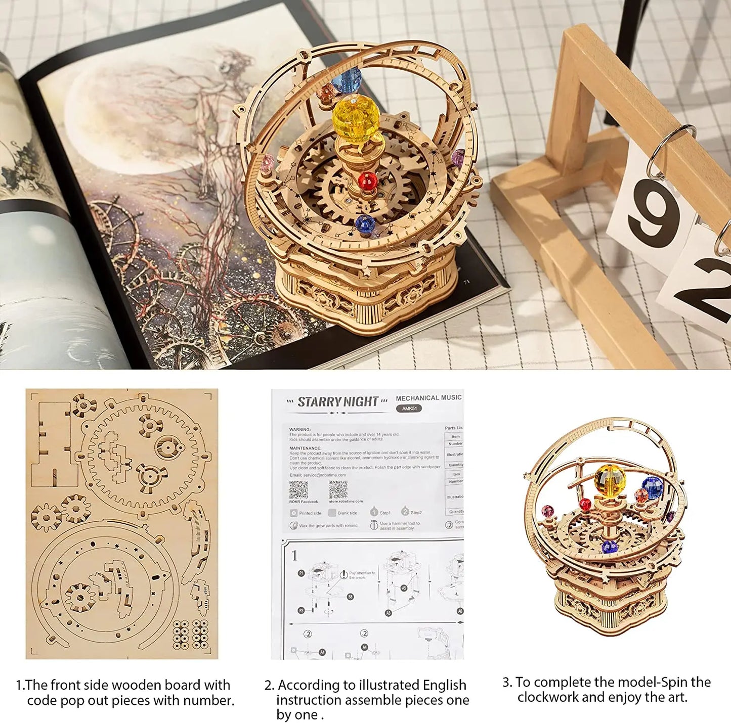 3D Starry Night Wooden Model Building Kit Block Assembly Music Box Toy Gift for Children Adult