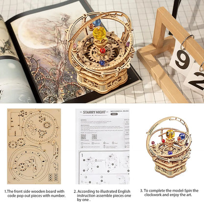 3D Starry Night Wooden Model Building Kit Block Assembly Music Box Toy Gift for Children Adult