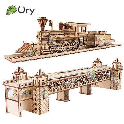 3D Puzzle Retro Steam Train with Track Railway Bridge Handmade Assembly Truck  Decoration Gift for Kids