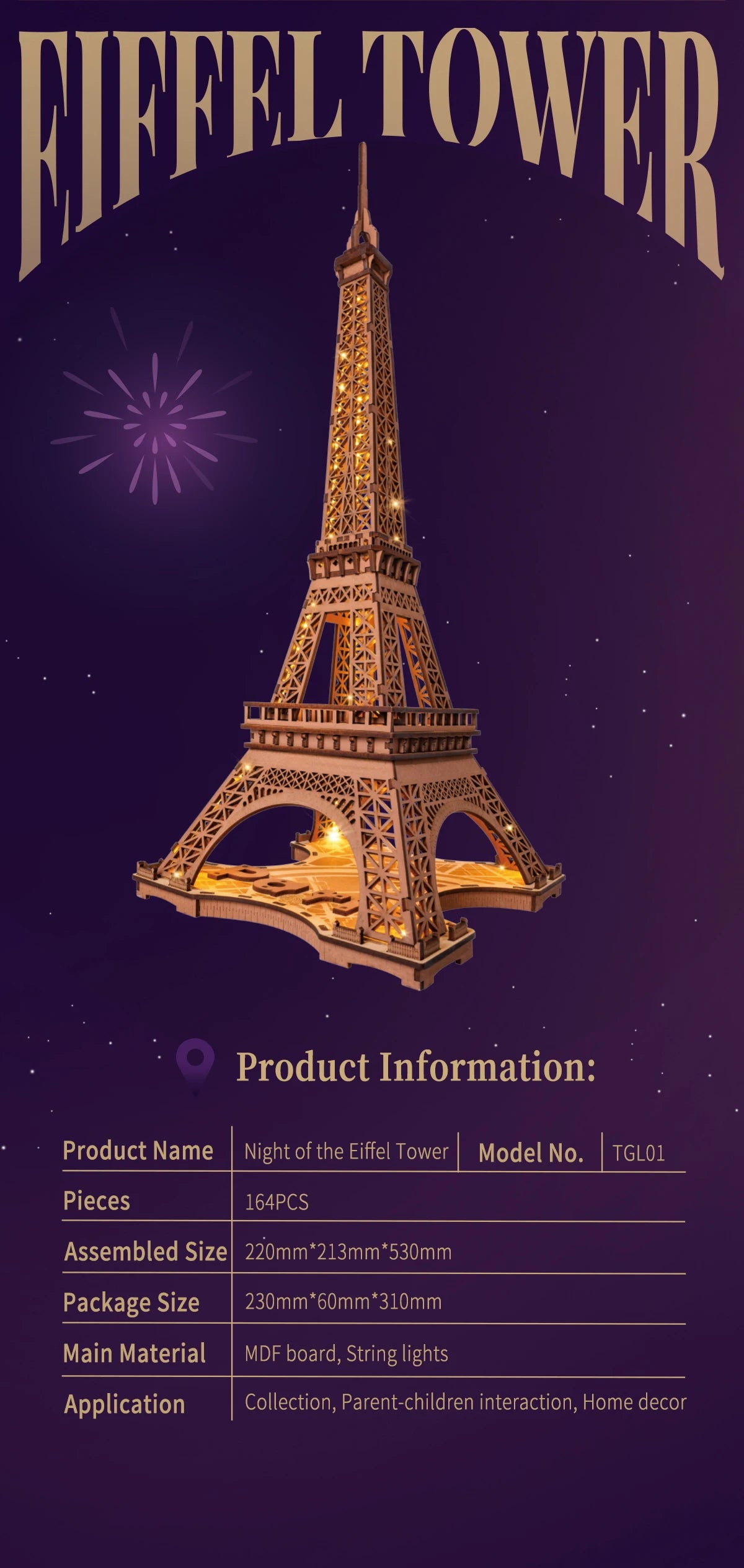 3D Puzzle Robotime Rolife Night of the Eiffel Tower Famous Buildings Toys Decoration