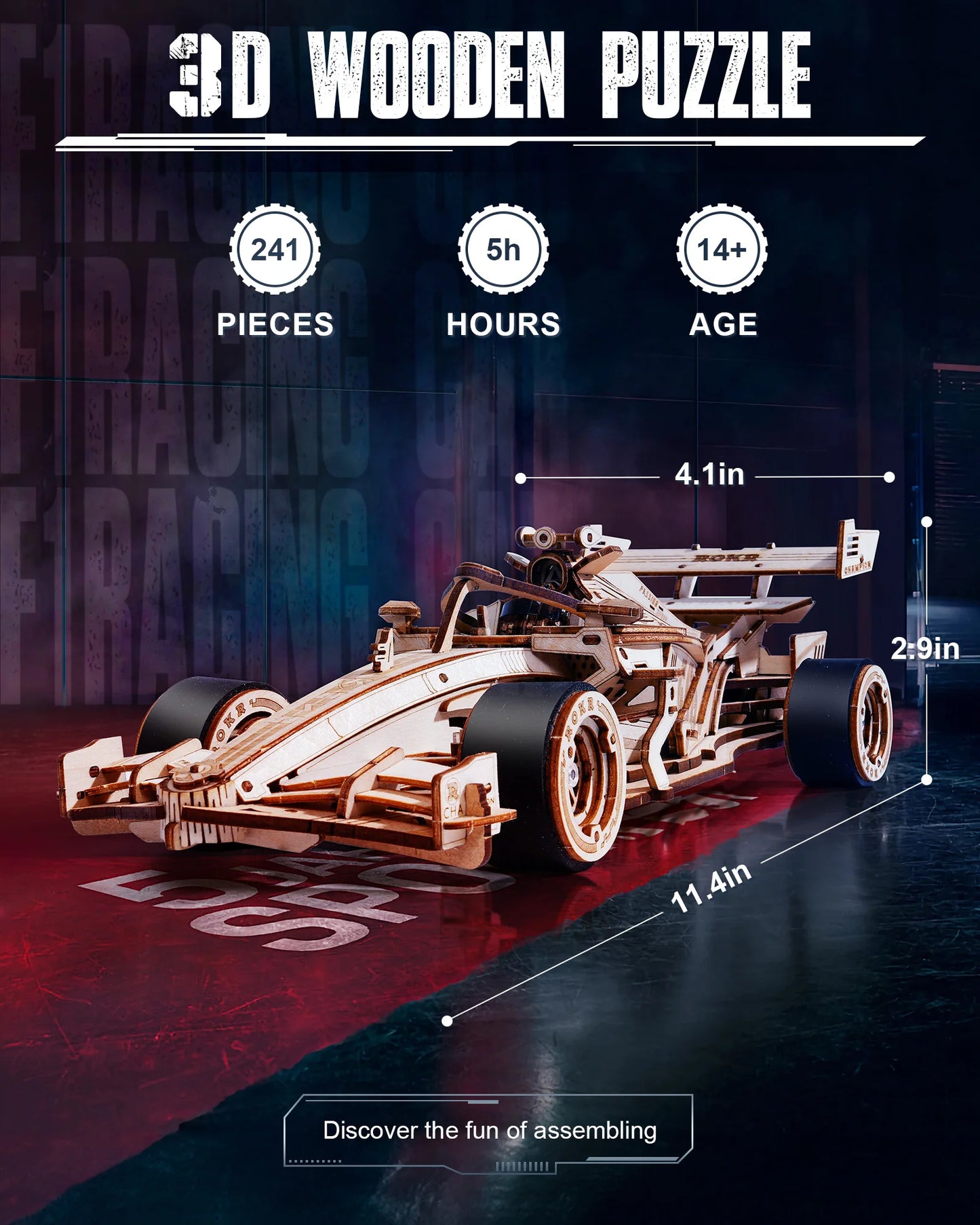 3D Racing Car Puzzle Model Kit for Adults & Teens, Mechanical Roaring Engine, 8-10M Forward Movement