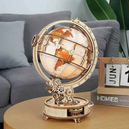 Robotime Rokr 3D Wooden Puzzle Luminous World Model Kit with LED Light Rotating Wooden Construction Kit Best Festival Gifts