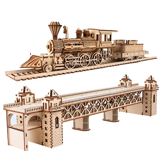 3D Puzzle Retro Steam Train with Track Railway Bridge Handmade Assembly Truck  Decoration Gift for Kids